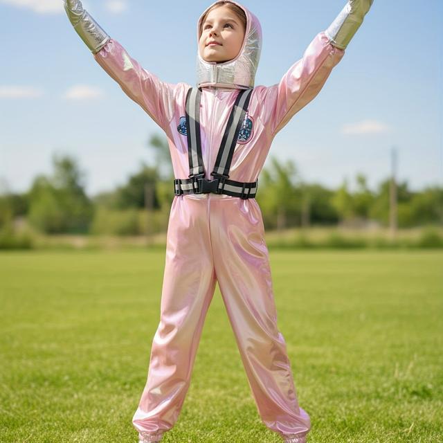 TEMU طقم فضاء وردي لامع للبنات، مكون من أربع قطع يشمل بدلة، قبعة، حمالات، وقفازات، مثالي للكرنفالات، الهالوين، العروض، أعياد الميلاد، والحفلات المختلفة