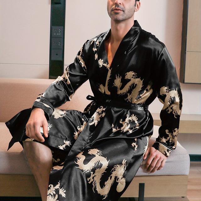 TEMU Men's Long-sleeve Lightweight Robe With A Print, Suitable For Wearing As Loungewear Or Pajamas In .
