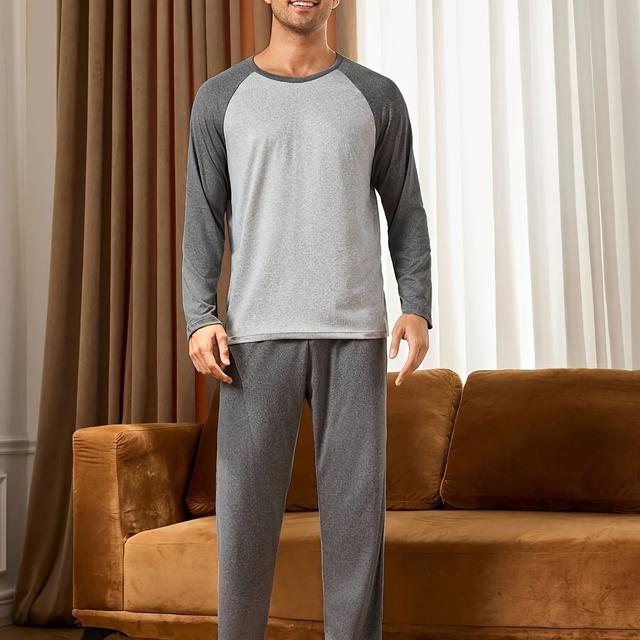 TEMU Herren Frühlings- und Herbst-Pyjama-Set mit einem lässigen Raglan-Langarm-Rundhals-T-Shirt und langen Hosen, entworfen für bequeme Nachtwäsche