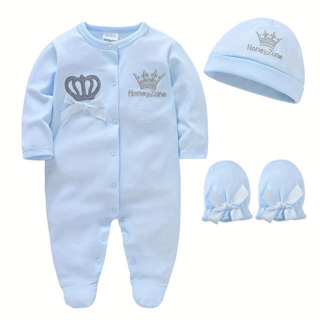 TEMU Mameluco adorable de bebé con bordado de corona y largas con pies, pieza enteriza + gorro + para niña pequeña y bebé, para exteriores