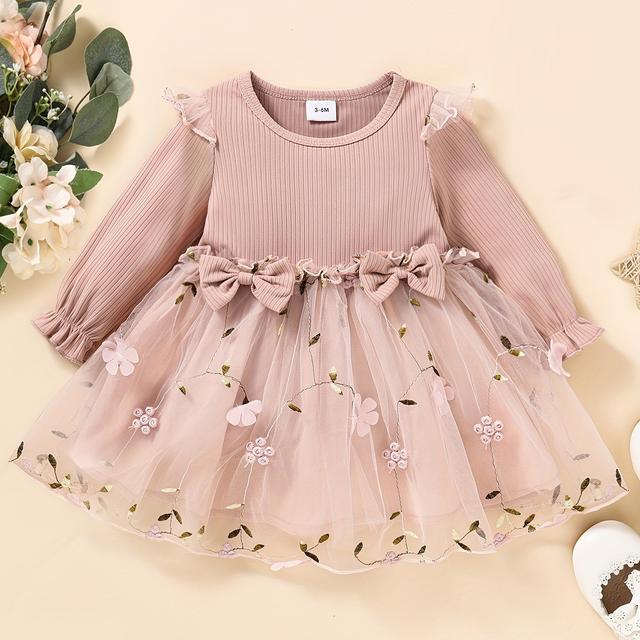 TEMU Baby's Embroidery Mesh Splicing Long Sleeve Dress, Infant & Toddler Girl's Dress For Daily Wear/holiday/party, As Gift