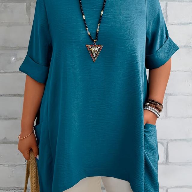 TEMU Blouse Élégante Décontractée Grande Taille pour Femmes à Manches Longues avec Poches - Haut Col Rond en Teal, Tissu Lavable et Non Transparent pour Été Automne