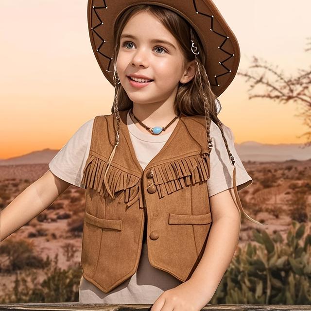 TEMU Chaleco vaquero marrón de cuello en V para niña con patchwork en el panel frontal, borlas, bolsillos de , tapeta de botones frontal, dobladillo de V, para vacaciones en , estilo de /otoño