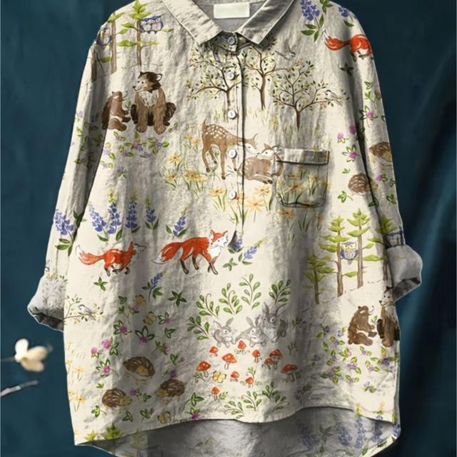 TEMU レディースシャツ、トップス、カジュアル、プリント、レトロ、森のテーマ、おしゃれ、ゆったり、シンプル、レディースシャツ、夏