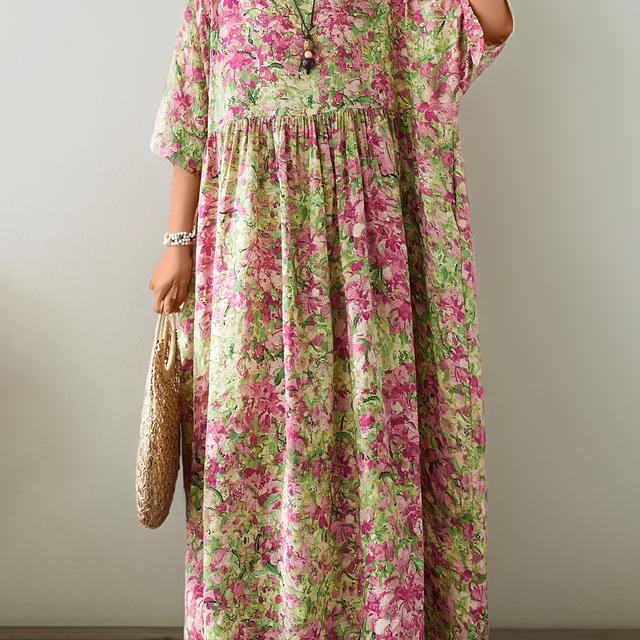 TEMU Plus Size, Summer New Bohemian Maxi Dress Loose Size Short Sleeve Printed Dress