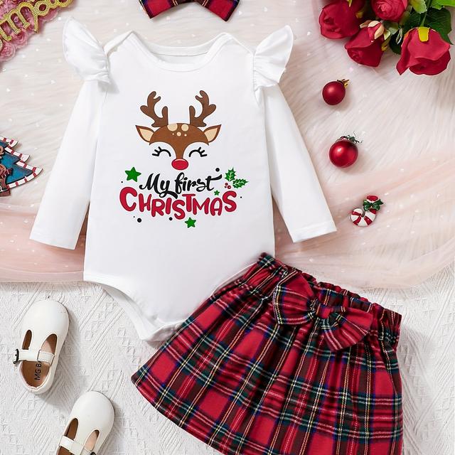 TEMU A Stylish And Comfortable Outfit For Baby Girls Featuring A Cute Christmas Print Top With A Plaid Skirt And A Headband, For Outdoor