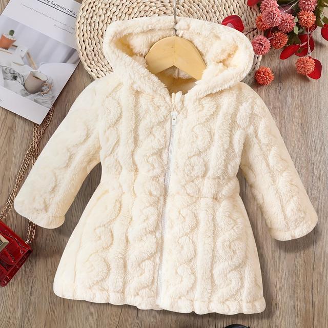 TEMU Baby's Warm Fuzzy Fleece Hooded Jacket, Casual Solid Up Coat, Infant & Toddler Girl's Clothing For Winter Fall Outdoor