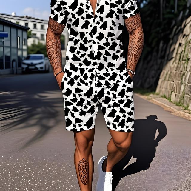 TEMU Conjunto de pijama casual de estampado de vaca para hombre, de ajuste holgado, TALLA GRANDE