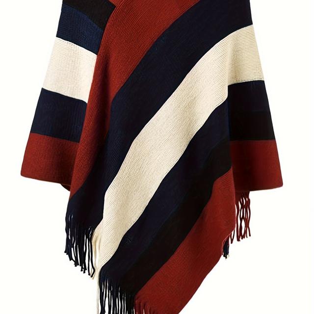 TEMU Plus Size - Plus Size - Plus Size Autumn And Winter V-neck Striped Color-block Tassel Pullover Warm Women's Cape Top