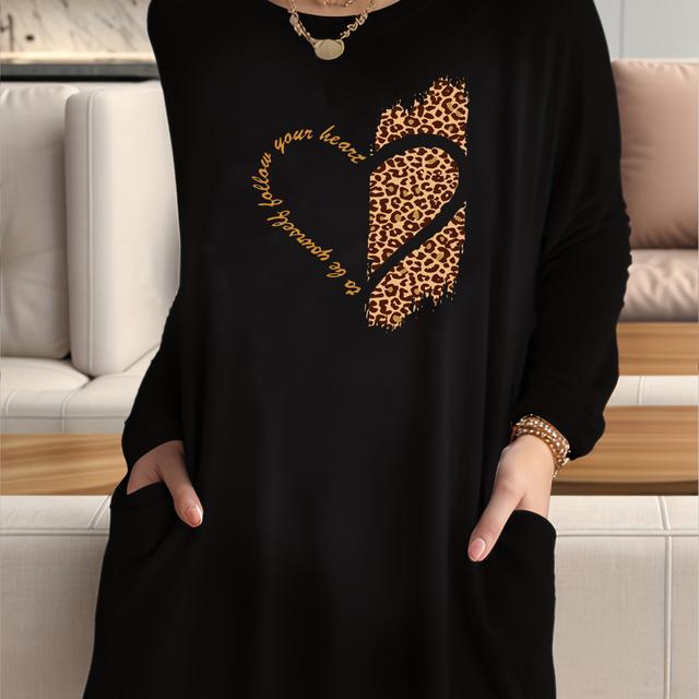 TEMU Women's Loose-fit Heart Print Long Sleeve Tunic Top With Pocket - Soft Round Neck Blouse Suitable For Seasons, Machine Washable Casual Loose Style