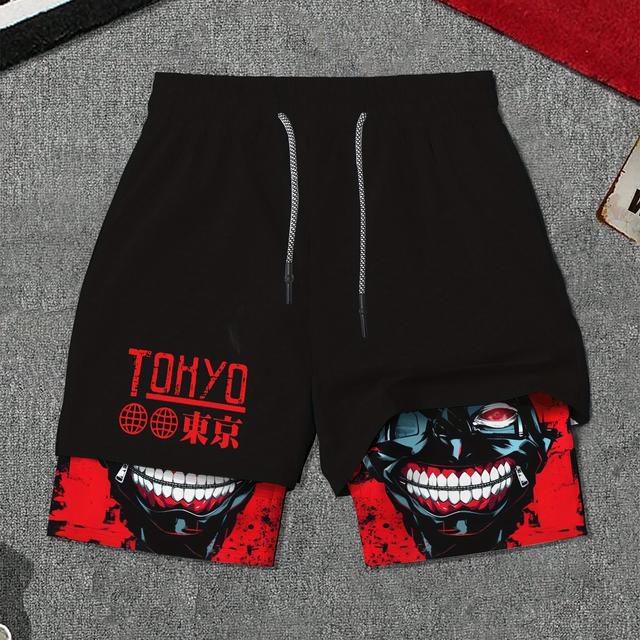 TEMU Men's "tokyo" Graphic Drawstring Basketball Shorts - Red With Design, Casual Sportswear For Running, Yoga, Hiking & Outdoor Activities, Casual Sportswear| Print Shorts|stretchy Fabric