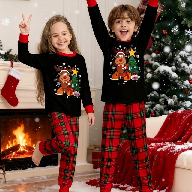 TEMU Ensemble Pyjama Confortable et Décontracté en Tissu Ignifuge 2025 - Imprimés Combinant de Neige, Sapin Noël et pour Automne-Hiver