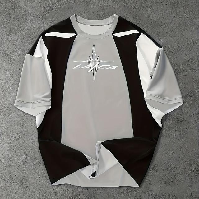 TEMU Men's Contrast Color Block Random Letter Graphic T-shirt - Soft Short Sleeve Regular Fit Machine Washable Top For Everyday & Festive Wear, Modern Sporty Look, Shirt