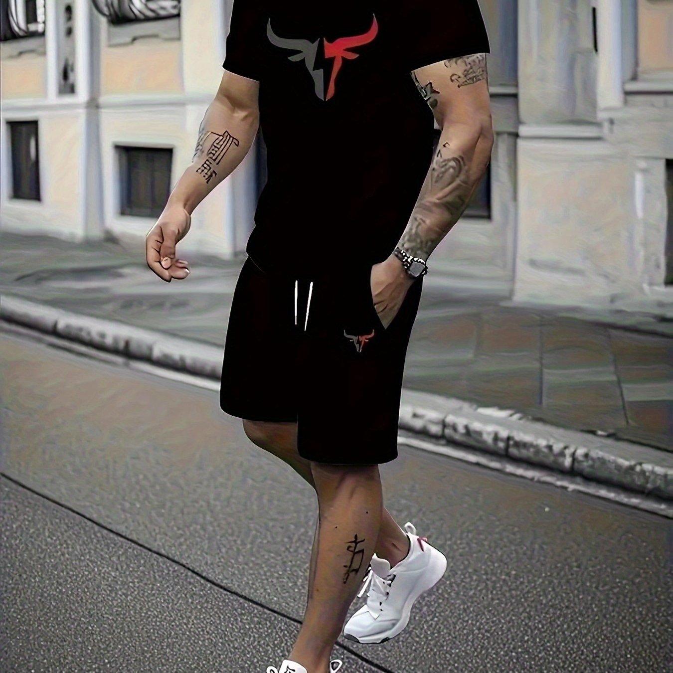 TEMU Conjunto Deportivo Nuevo para Hombre de 2 Piezas - Camiseta de Manga Corta y Shorts, Estampado de Cabeza de y Letras, Poliéster, Cuello Redondo, Ajuste
