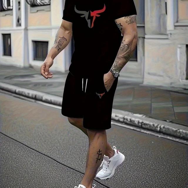 TEMU Conjunto Deportivo Nuevo para Hombre de 2 Piezas - Camiseta de Manga Corta y Shorts, Estampado de Cabeza de y Letras, Poliéster, Cuello Redondo, Ajuste