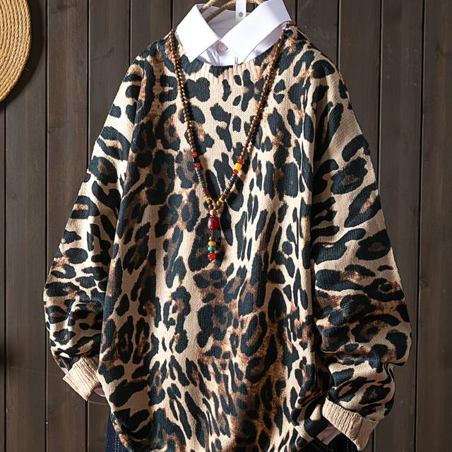 TEMU Women's Plus Size Pullover Sweater - Leopard Print & Floral Leaf Pattern, 100% Polyester, Stretchy Round Neck Long Sleeve Top, Casual Elegant Shirt For Women