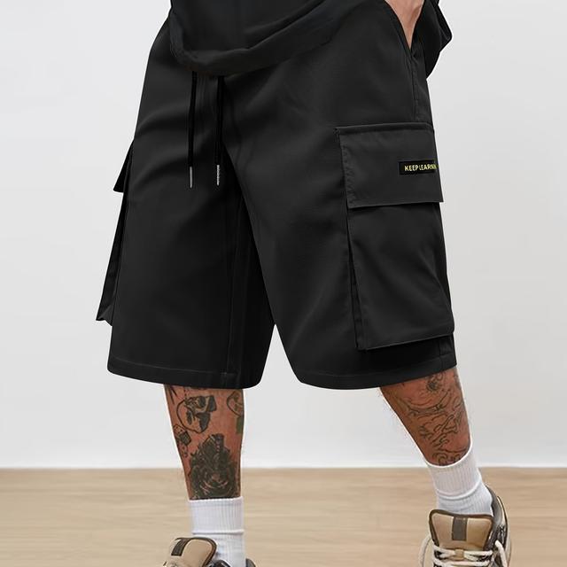 TEMU Casual Solid Men's Loose Fit Elastic Waist Cargo Shorts With Side Pockets For Summer Outdoor Leisure And Work