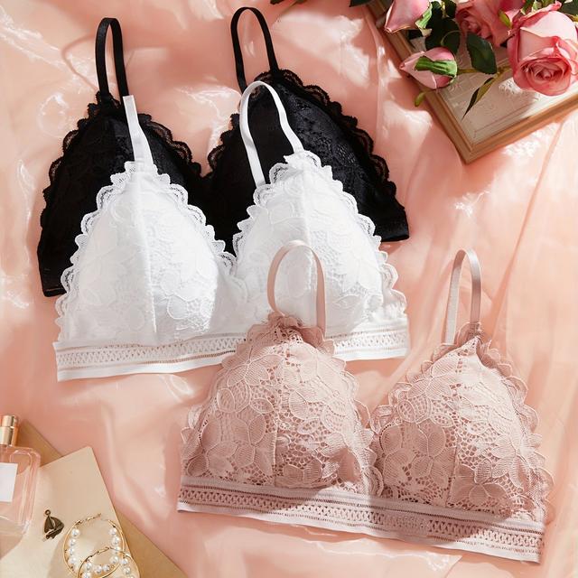 TEMU 3pcs Simple Solid Floral Lace Bra, Comfy & Breathable Wireless Bra, Women's Lingerie & Underwear