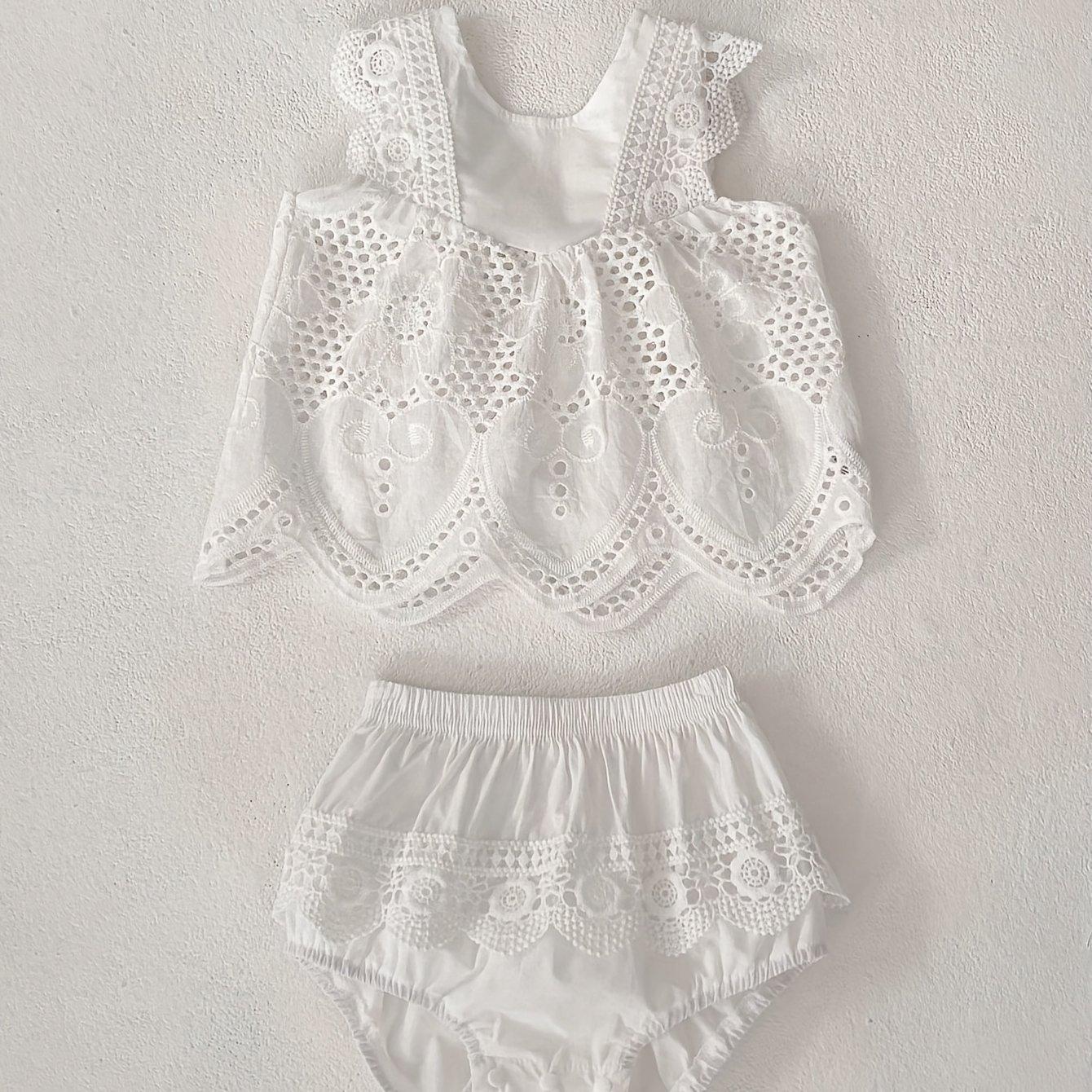 TEMU Taufoutfit für Babys, neues Sommer-Set für Säuglinge Kleinkinder, ärmelloses Spitzen-Patchwork-Top mit Rundhalsausschnitt + einfarbiger Strampler-Hose, 2-teiliges Taufset für Baby-Mädchen