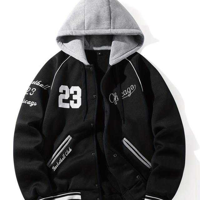 TEMU Men's Streetwear Hooded Baseball Jacket - With Piping, Snap Closure, Long Sleeve, Regular Fit, Casual Outerwear For Fall/winter, Everyday Streetwear