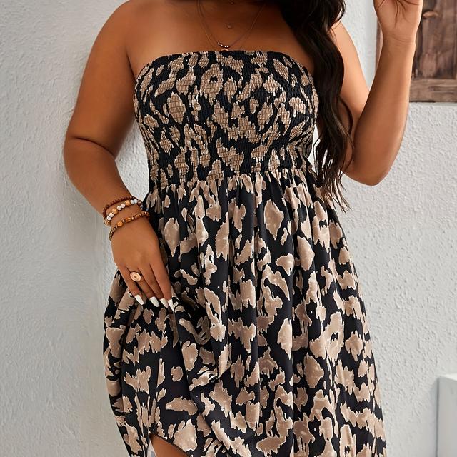 TEMU Plus Size Women's Sexy Off-shoulder Leopard Print Dress - Fitted Top & Flowy Skirt, Machine Washable Short Sleeveless Summer Dress For Vacation, Beach, Casual - Collection