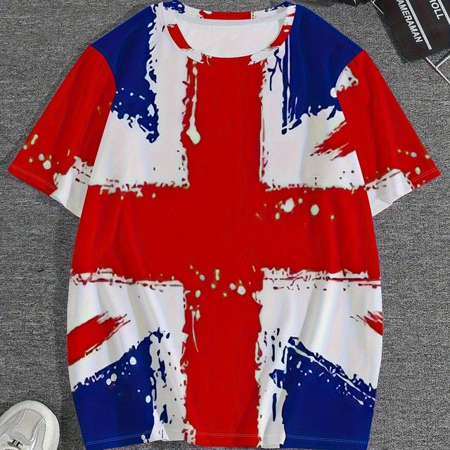 TEMU Men's Casual Summer Shirt With 3d British Flag & Print - Lightweight Breathable Polyester Blend, Regular Neck Short Sleeve Tee, Machine Washable Large Size For Casual Outfits, Plus Size