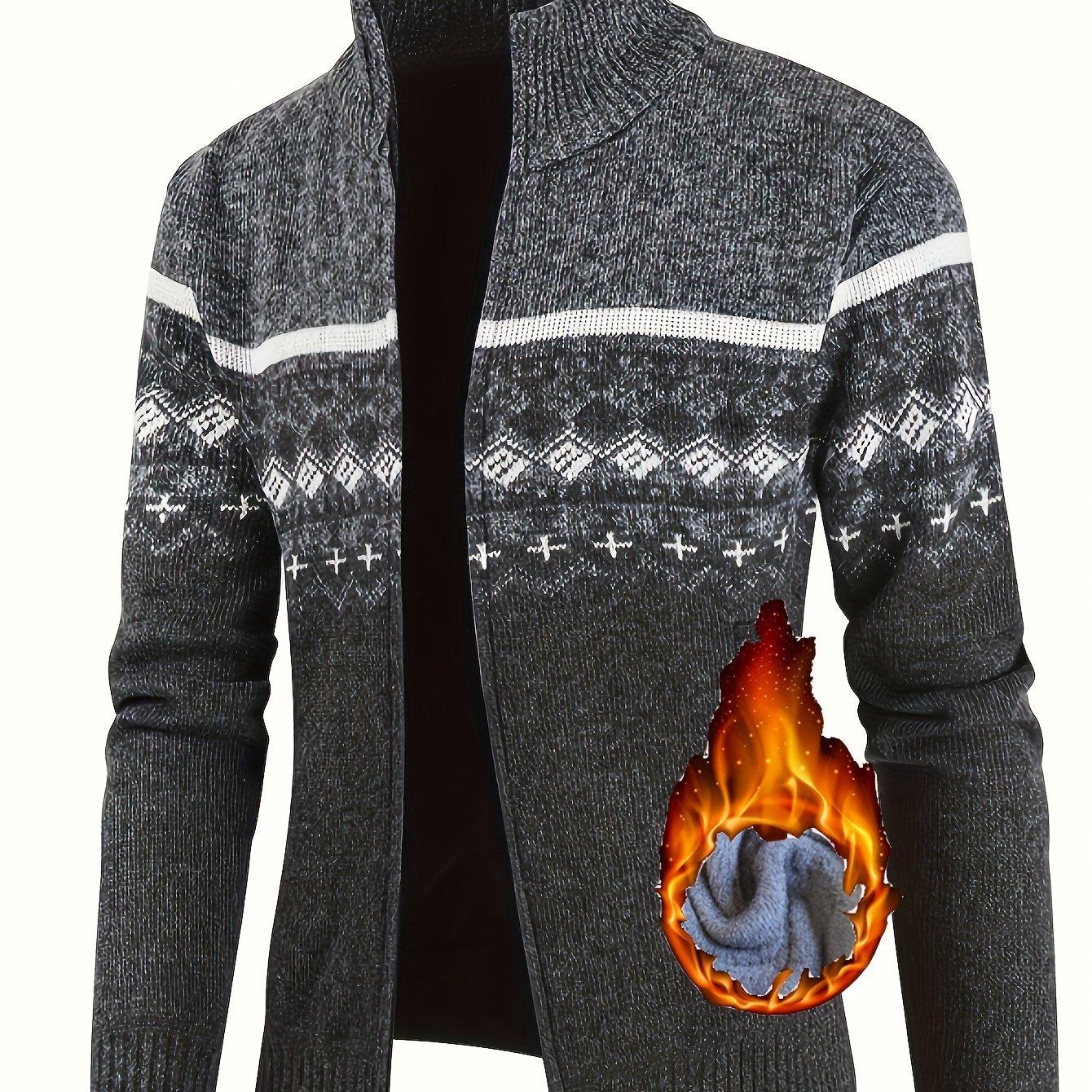 TEMU Autumn And Winter Men's Sports Knitted Sweater Outdoor Hiking Travel Cycling Fleece Warm Ethnic Pattern Square Pattern Father's Day Gift Trendy Fashion Zipper Pocket Knitted Sweater M722