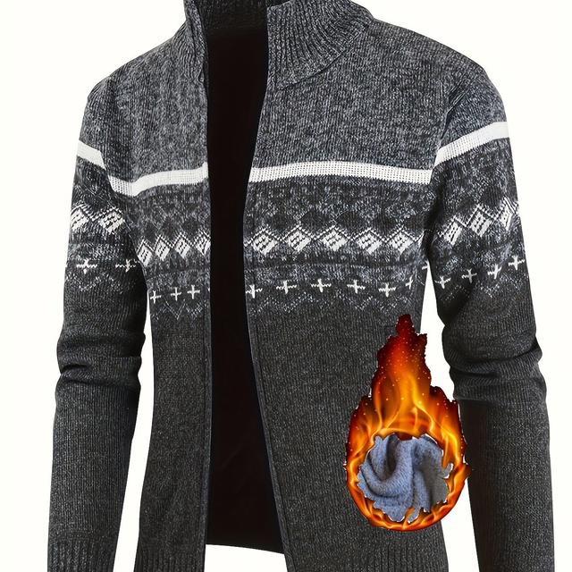 TEMU Autumn And Winter Men's Sports Knitted Sweater Outdoor Hiking Travel Cycling Fleece Warm Ethnic Pattern Square Pattern Father's Day Gift Trendy Fashion Zipper Pocket Knitted Sweater M722