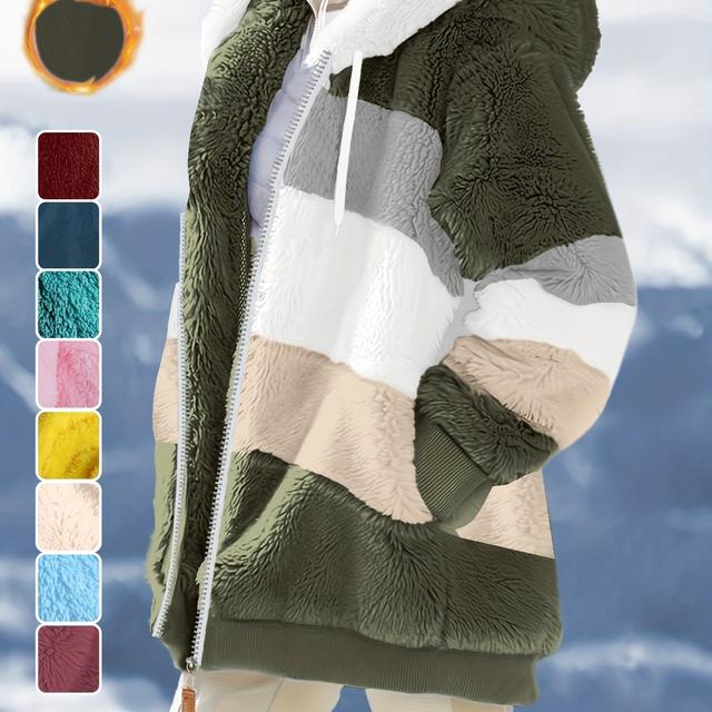 TEMU Damen Hoodie mit lockerem Schnitt, warmem Plüsch-Patchwork und Reißverschlusstaschen