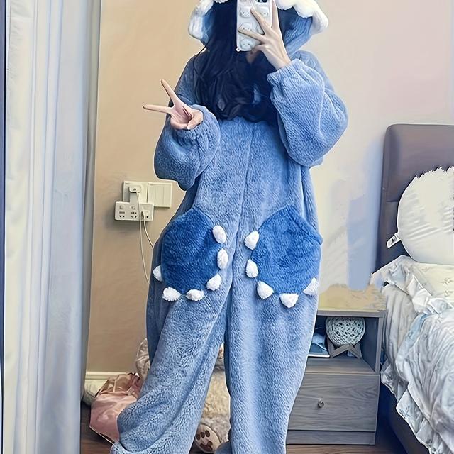 TEMU Music Festival Cartoon Shark Hooded Jumpsuit For Carnaval, Long Sleeve Zipper Fuzzy Pajamas, Women's Sleepwear & Loungewear