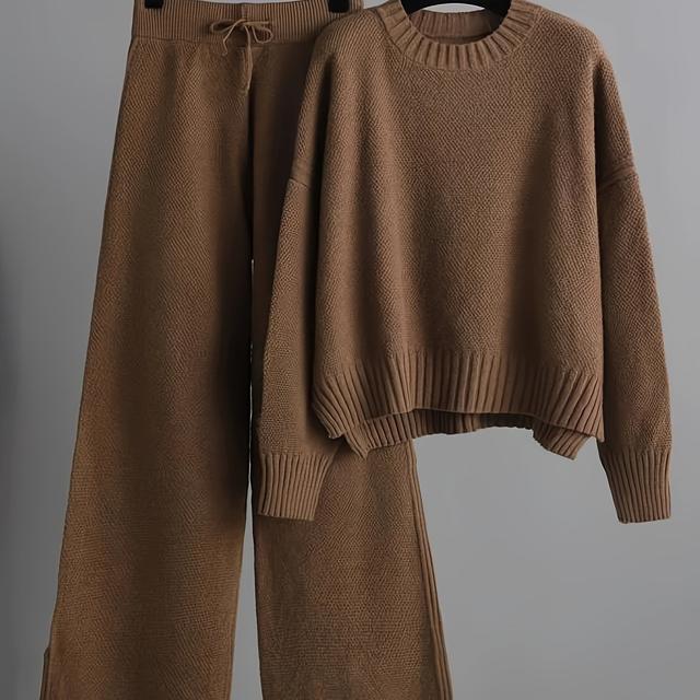 TEMU Conjunto Casual de Otoño e Invierno: Suéter Holgado y Pantalones Anchos para Mujer - Dos Piezas