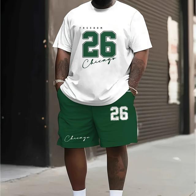 TEMU ชุดเสื้อผ้าผู้ชาย 2 ชิ้น, ทันสมัยและแฟชั่น, สีขาวและเขียว, ไซส์ 26 เสื้อยืดพิมพ์ลายกราฟิกและกางเกงขาสั้นสำหรับผู้ชาย