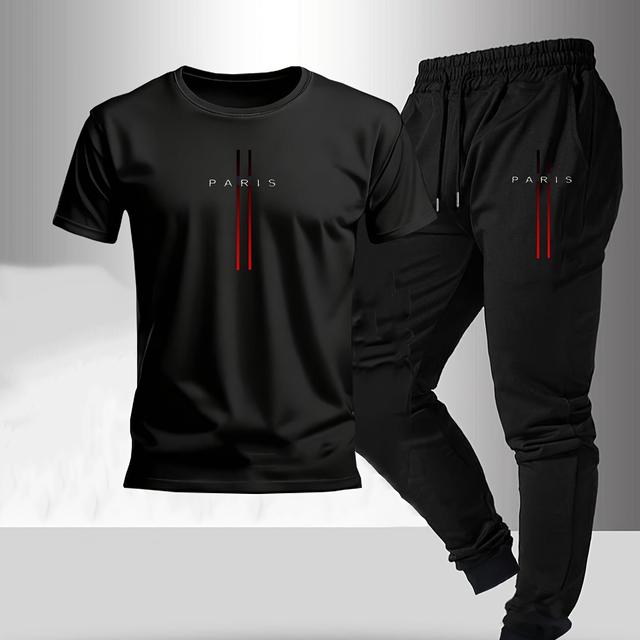 TEMU 2 Ensembles, Mode Homme, Décontracté Maison, T-shirt Col Rond, Pantalon à Cordon de Serrage