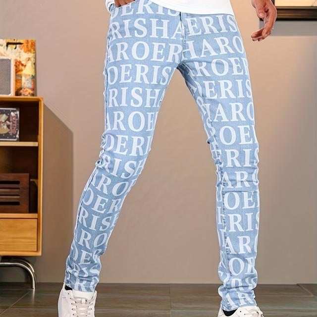 TEMU Pantalones casuales modernos con estampado de para hombre, elegantes pantalones largos de mezclilla estilo streetwear