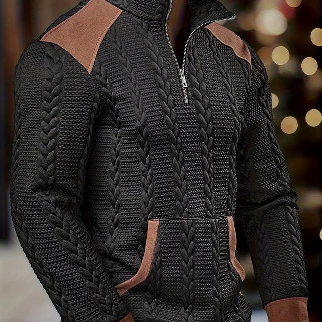 TEMU Haut tendance pour homme, pull en pour /hiver, décontracté, en tissu jacquard texturé épi de blé, patchwork color-block, col ras du cou, fermeture éclair, poche plaquée