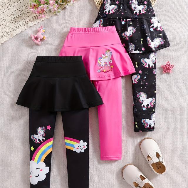 TEMU Valentine's Day - Girls' 90-130 Size Fashionable Spring Daily Sporty Style Unicorn Print Slim-fit Leggings Skort 3pcs Set