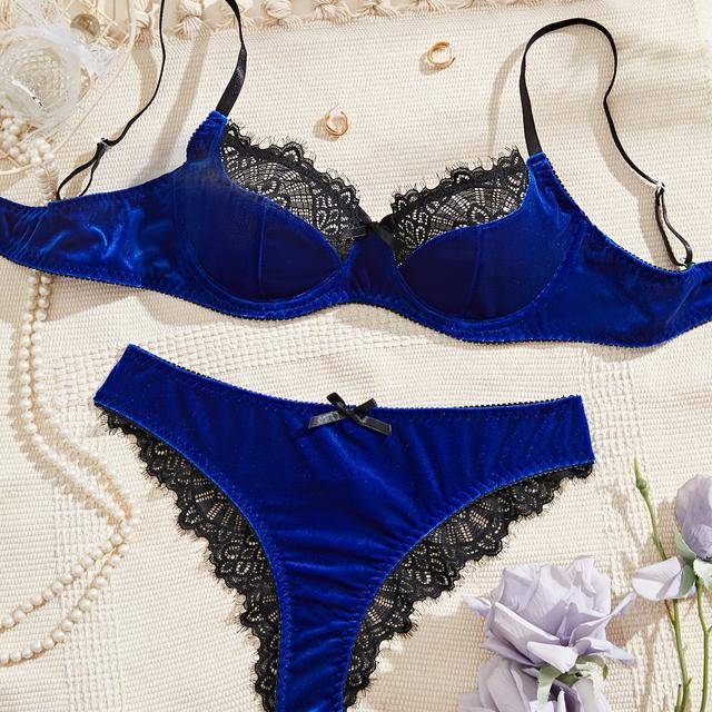 TEMU Ladies' Autumn And Winter Korean Velvet Bra Set Lace Splicing Sexy Lace