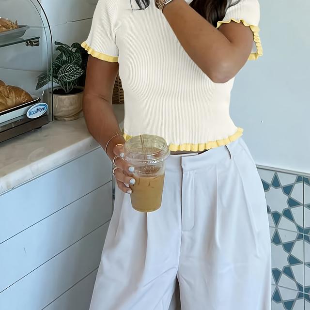 TEMU Elegante top de mujer con cortas, suéter con volantes, para , , ideal para uso diario y fiestas de vacaciones