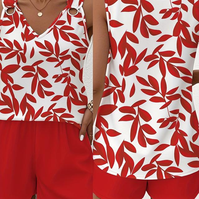 TEMU Conjunto de dos piezas para mujer que incluye un con diseño de plantas y shorts lisos.