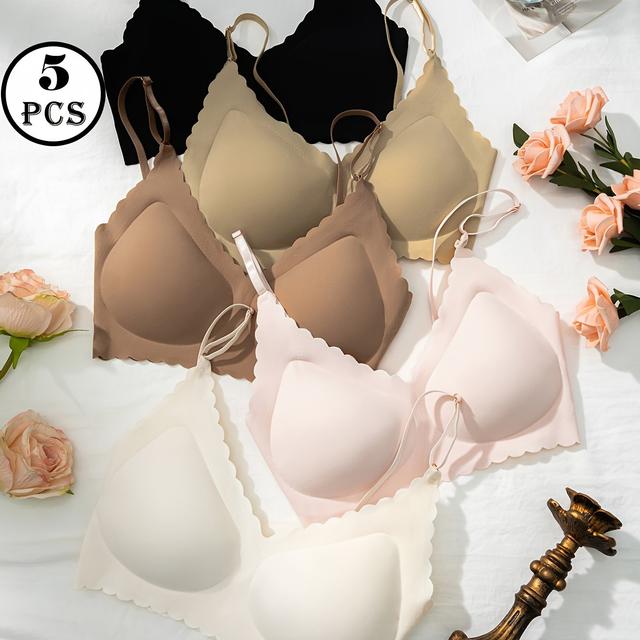 TEMU Lot de 5 soutiens-gorge pour femmes à motif , couleur unie, confortables, couture, bretelles ajustables, armatures