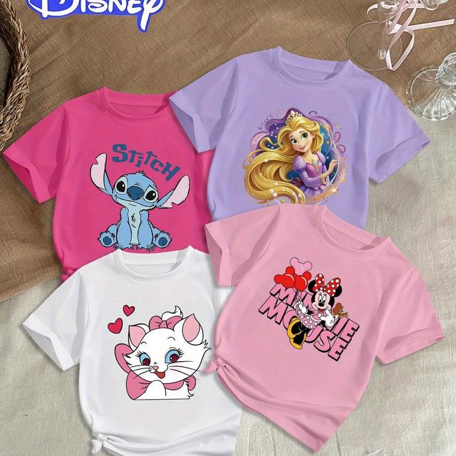 TEMU 4 piezas, Stitch, , Minnie, Estampado de de princesa con pelo largo, camiseta de manga corta con cuello redondo y estilo casual para el verano, ropa para niñas, ideal como regalo para niñas.