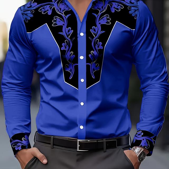 TEMU Men's Stylish Print Shirt With A Faux Denim Style Featuring Floral Patterns, Suitable For Casual Wear With Buttons And Long Sleeves. Ideal For Spring, Summer, And Autumn