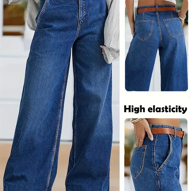 TEMU Pantalon en Denim Décontracté à Jambes Larges et Haute Élasticité pour Femmes