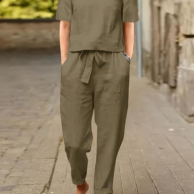 TEMU And Summer Women's Suit Includes Short-sleeved Top And Tie Wide-leg Pants, Easy Casual Short Loose Round Neck T-shirt, Pants Loose And Thin Small To The Body, Comfortable And , Suitable For Daily