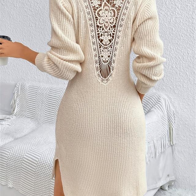 TEMU Guipure Lace Insert Sweater Dress With Split Hem, No Belt Included
