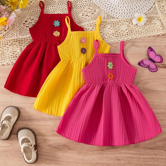 TEMU 3pcs Vibrant Summer Dresses For Girls - Sleeveless, Non-stretch, Floral Detail, Pastel Colors (red, Yellow, Pink) - Casual Outdoor Wear, Summer Dresses| Dresses|nonstretch Fabric