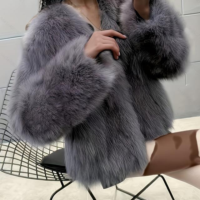 TEMU Damenschal Eleganter Kunstfellmantel – Weicher Plüsch-Wintermantel mit PU-Finish, Uni-Farben Herbst/Winter-Überzieher, Handwäsche/Trockenreinigung, Casual bis Formeller Stil