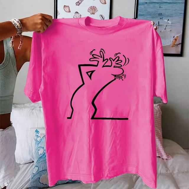 TEMU Schickes Plus-Size T-Shirt mit geometrischem Muster - Lässiges Rundhals-Oberteil mit Kurzarm für Damen - für Frühling & Sommer, Maschinenwaschbar