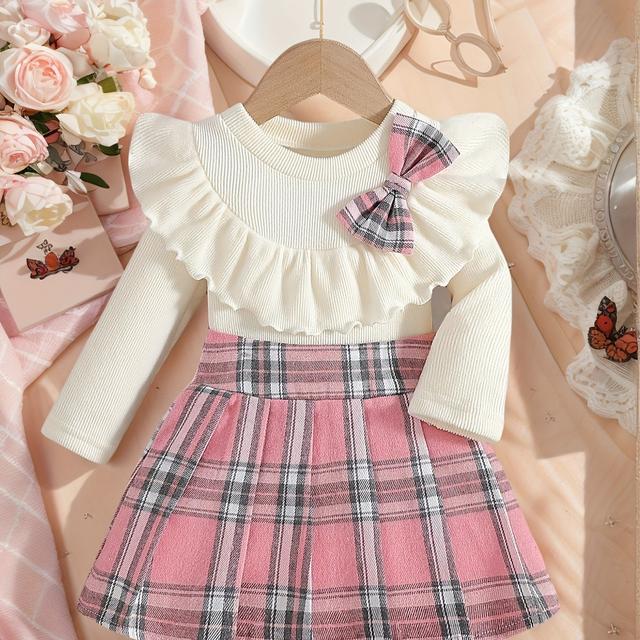 TEMU Conjunto de xadrez com para meninas, adequado para a e outono, perfeito para no início do ano letivo, conjunto casual versátil de duas peças para meninas, roupa para meninas na e outono.