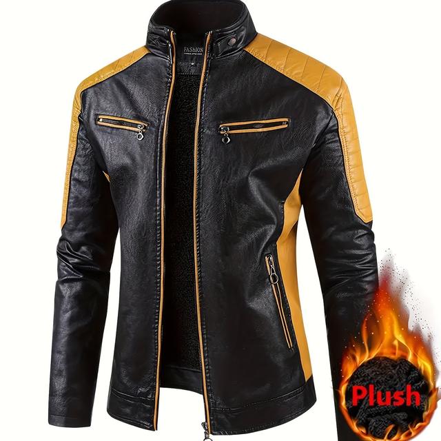 TEMU Men's Fleece-lined Leather Biker Jacket, Windproof With Stand Collar, Casual Color , Zip Closure, Thermal Insulation, Versatile